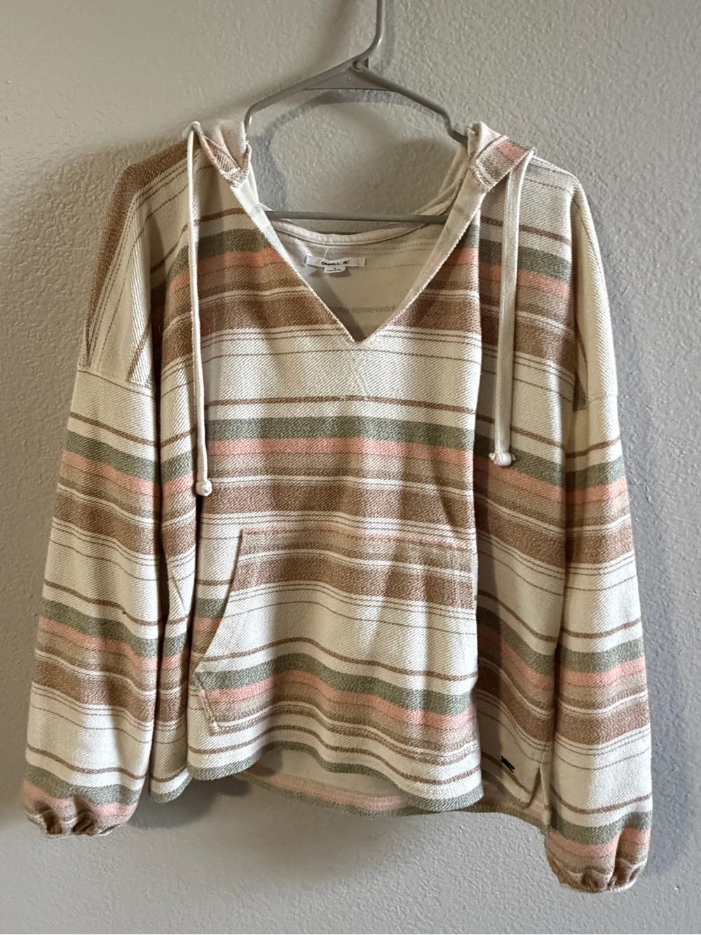 O'Neill Cream Hoodie with Pink and Olive Stripes